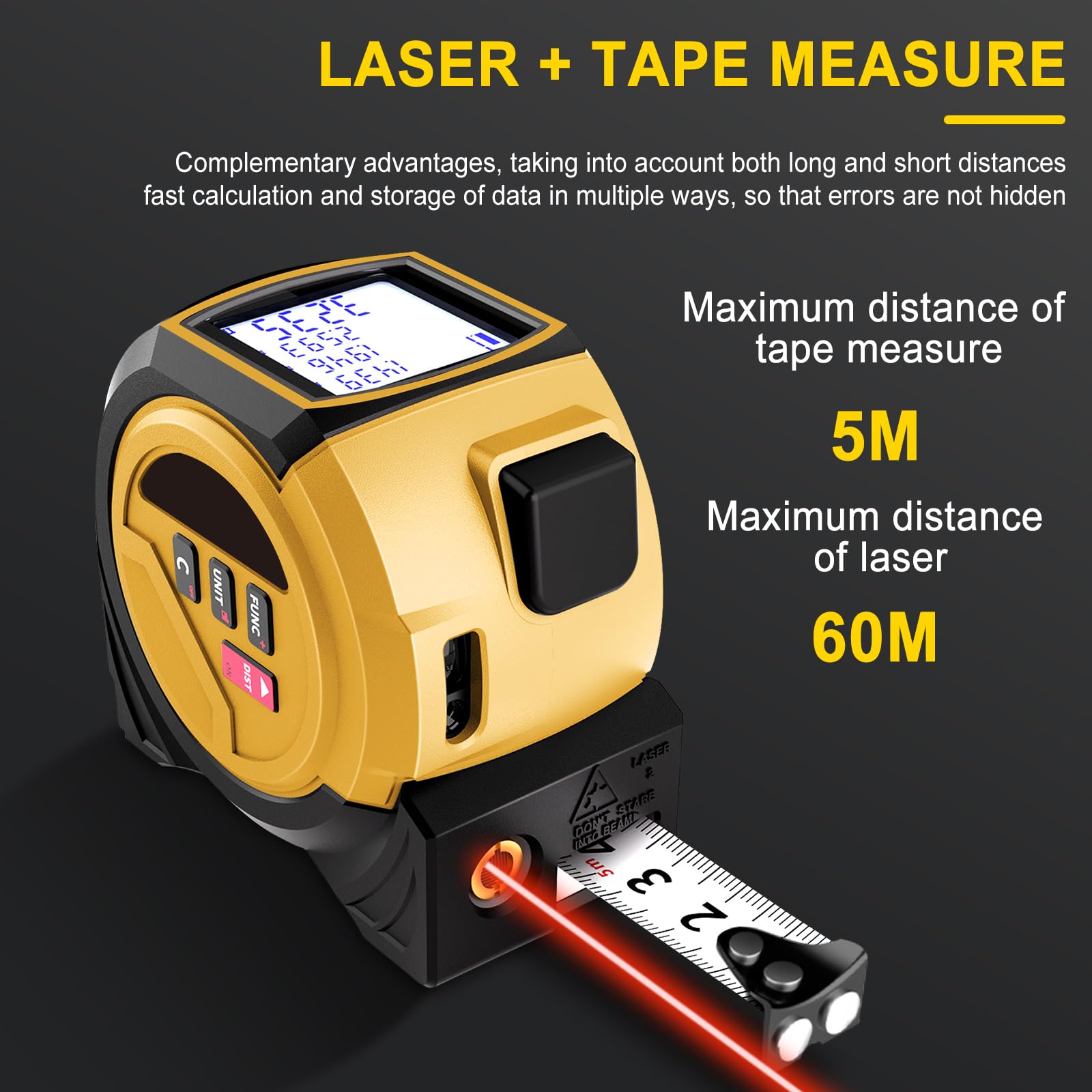 Metro a Nastro Laser, 60m Misuratore Laser e 5m Metro a Nastro, Memoria Per 20 Misurazioni, Unità Ft/In/M, per Misurazione di Distanza, Area e Volume