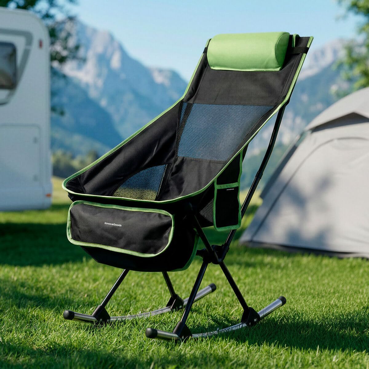 InnovaGoods - Silla Mecedora Plegable para Acampar 2 en 1, Silla Fija o con Balanceo, Respaldo Alto de Malla Transpirable, Bolsillo, Cojín Cervical, Bolsa de Transporte, Portátil, Camping, Exteriores
