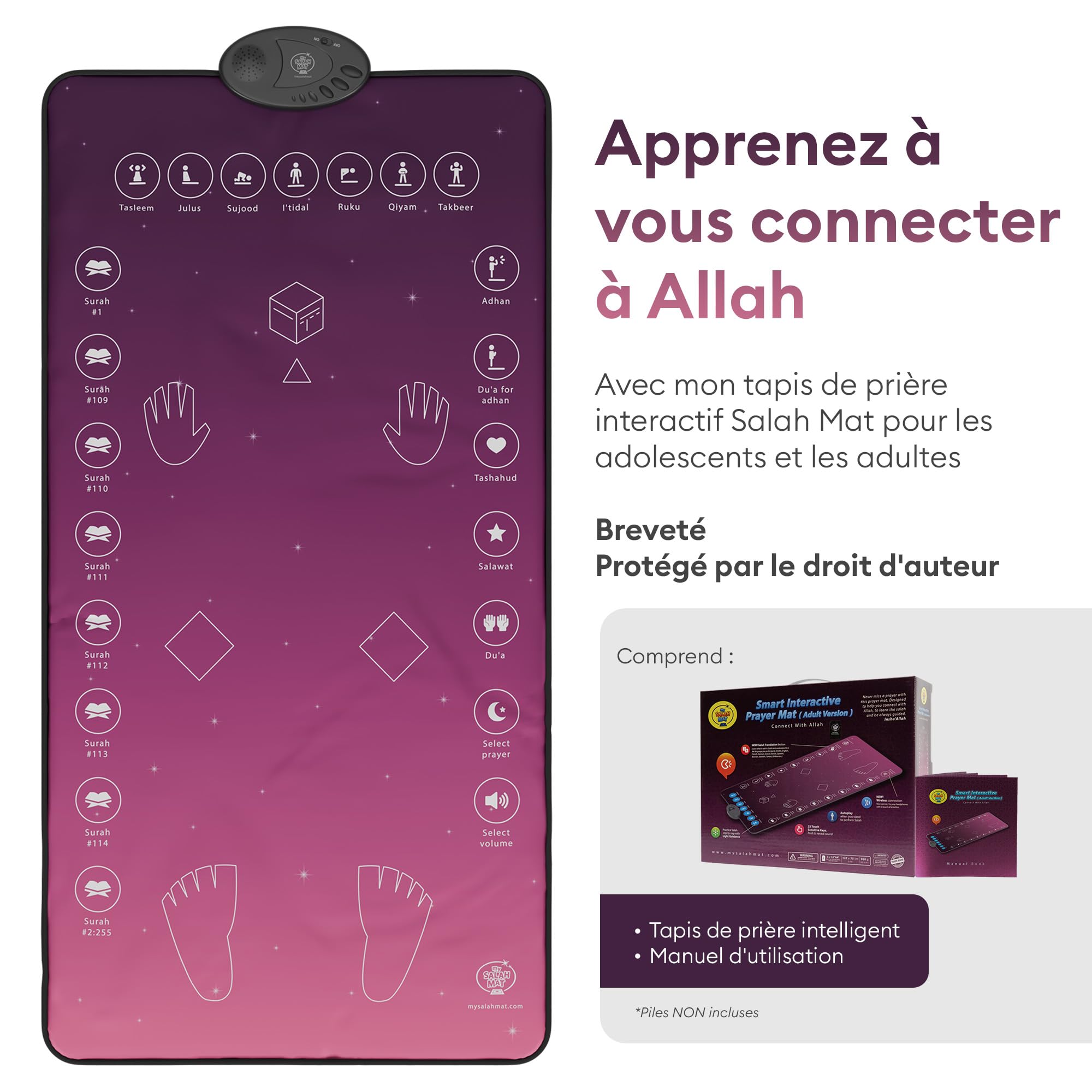 My Salah Mat Adultes – Tapis de Prière Intelligent Rose pour Apprendre Surates Salah Duas – Tapis Musulman avec 25 Touches Haut-Parleur Coran Arabe Français – Dès 8 Ans