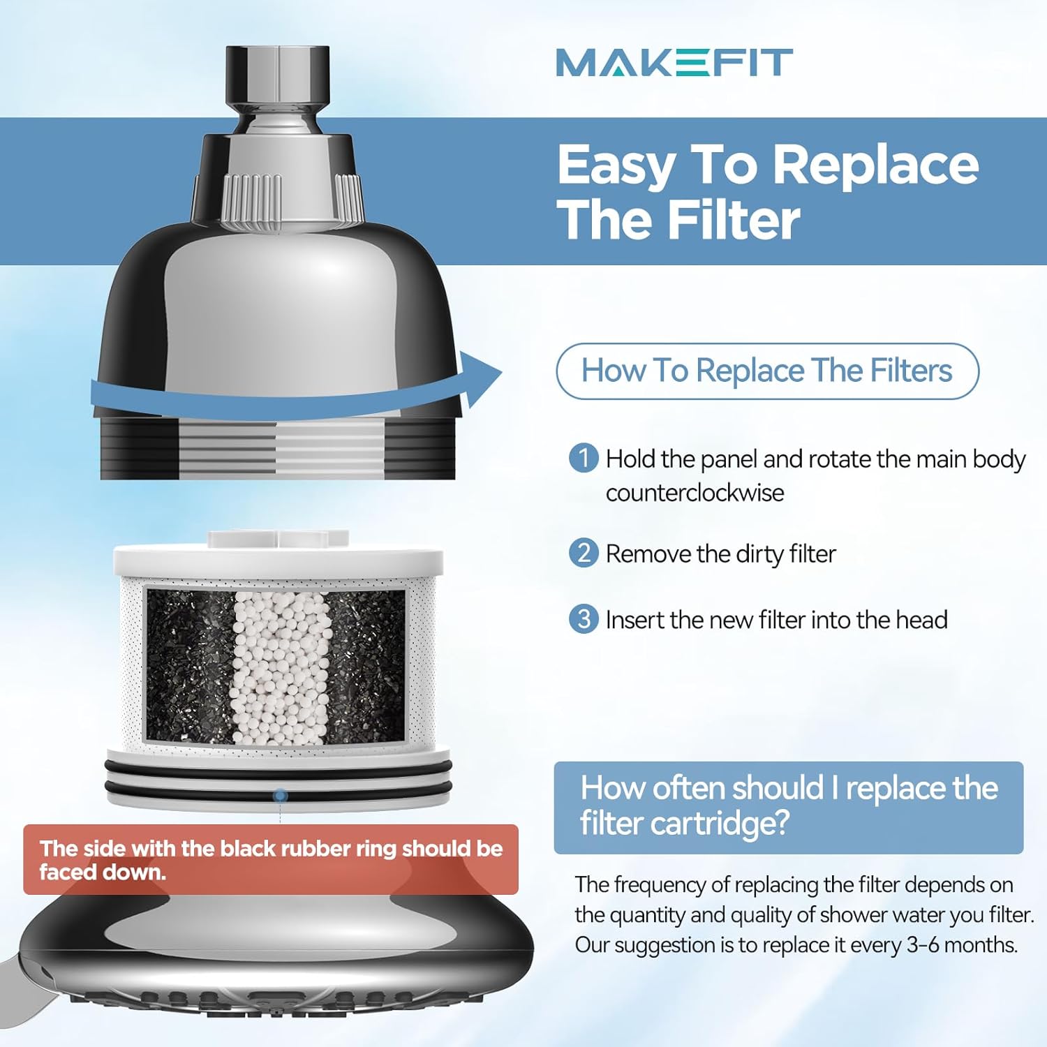 MakeFit Filtered Shower Head with Upgraded Activated Carbon Filter and 1-PACK Shower Filter Replacement Cartridge