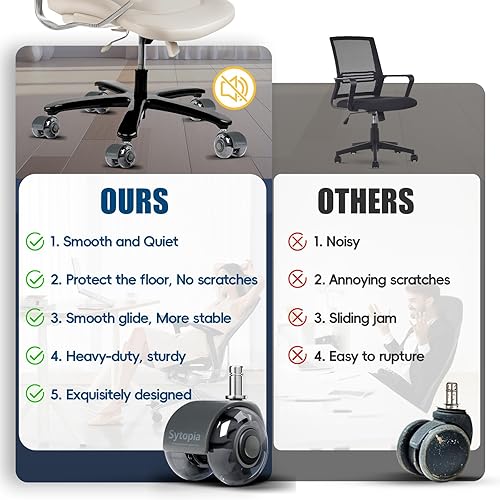 Vista 12 de Sytopia Ruedas de repuesto para sillas de oficina, resistentes para suelos de madera dura y alfombras, repuesto para alfombrillas de goma, Negro-b