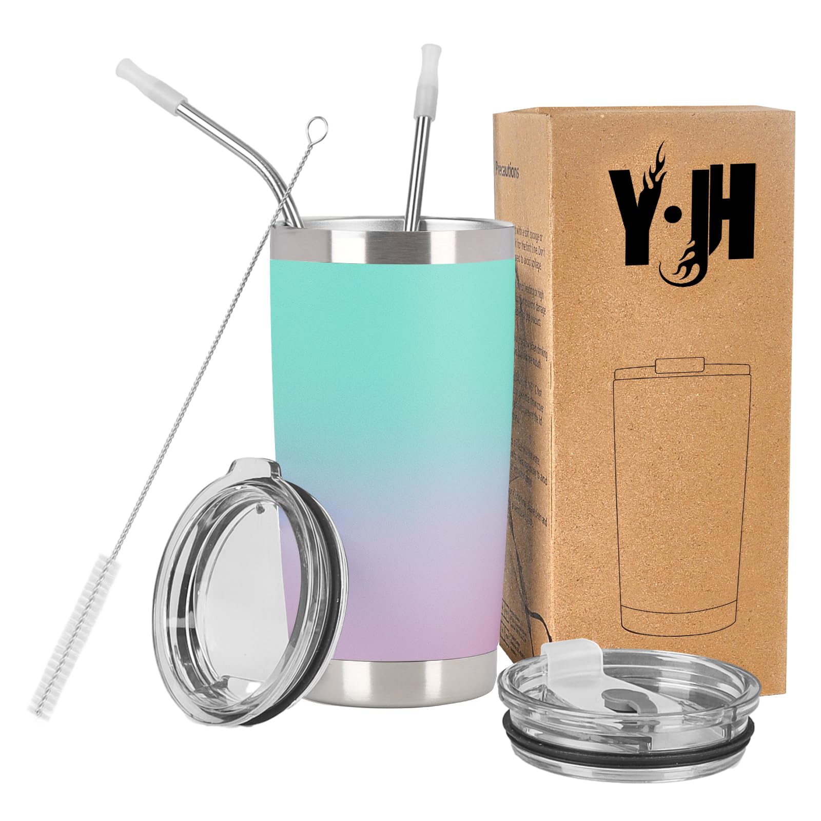 Y·J&H Doppelwandig Vakuum Isolierter Autobecher, Edelstahl Reiseflasche, Thermobecher Kaffee to Go mit 2 Spritzfestem Deckel 2 Strohhalm, Rohrbürste,BPA Free