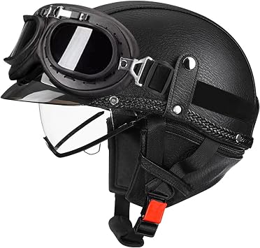 Leather Motorbike Half Helmet DOTECE Approved Vintage Style Motorbike Half Helmet Adults Unisex Retro Open Face Helmet with Goggles Comfort Jet Helmet Quick-Release Buckle