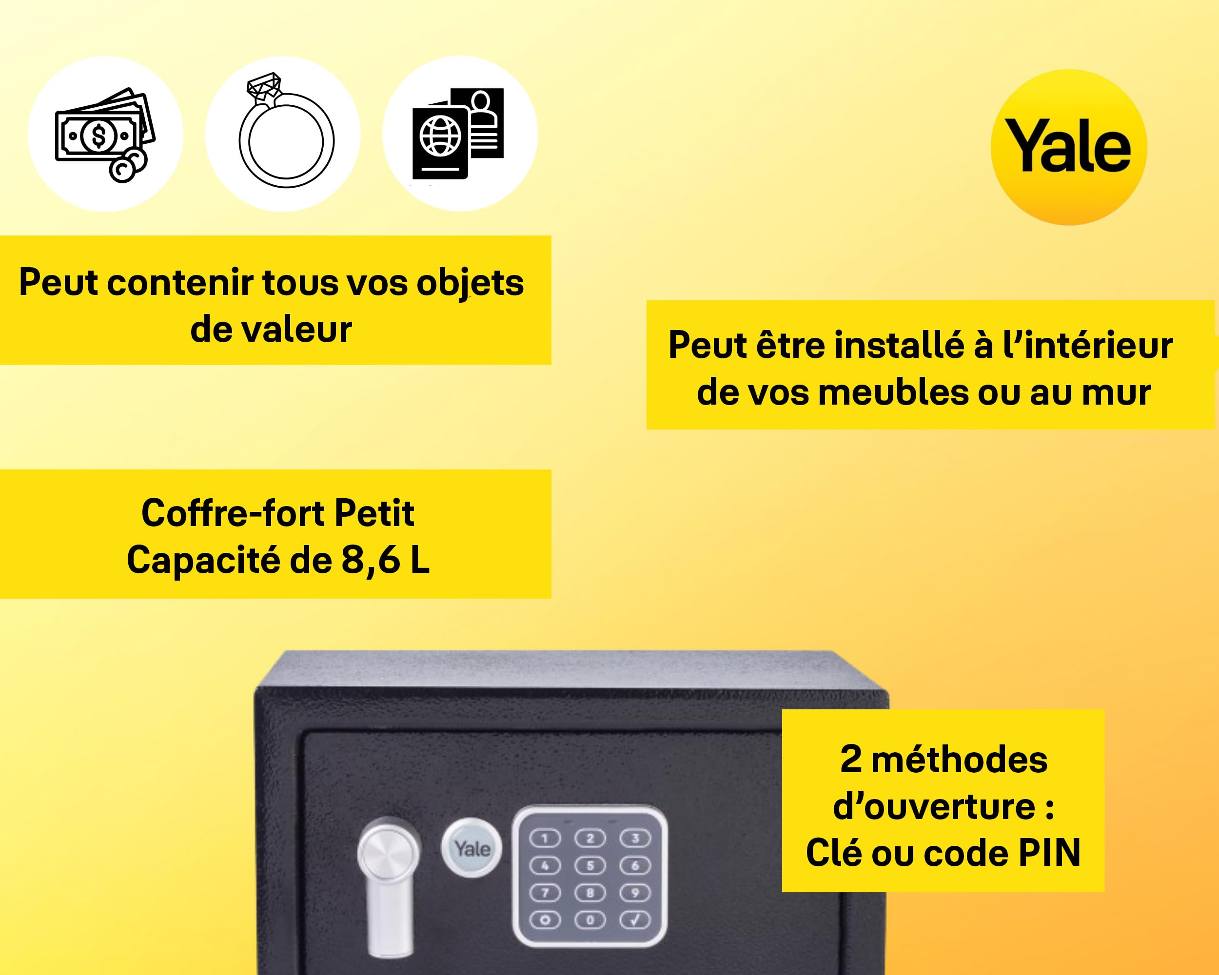 Yale Coffre-Fort Électronique - Small 8.6L - Serrure 100 000 Combinaisons, verrou électronique Code 3 à 8 Chiffres - Dimensions 20x31x20cm YSV/200/DB2