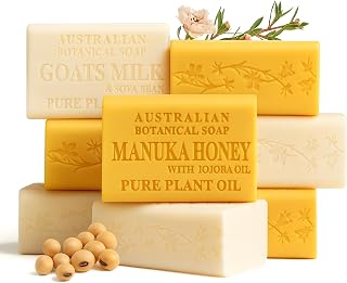 Australian Botanical Goats Milk Soap and Manuka Honey 6.6 OZ, Triple Milled Bars made with a Natural Soap Base and Enriched with Organic Shea Butter, Pack of 8