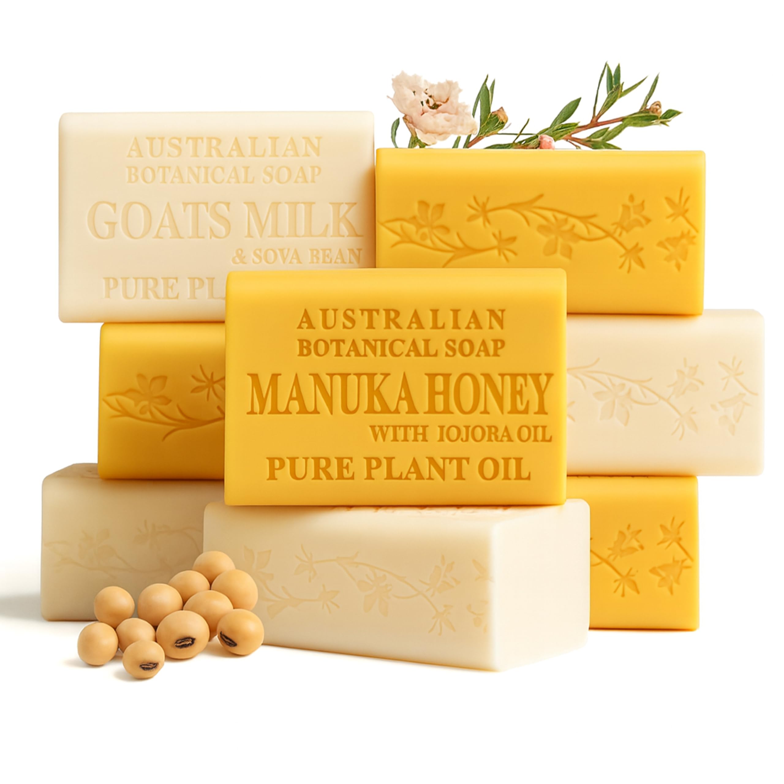 Australian Botanical Goats Milk Soap and Manuka Honey 6.6 OZ, Triple Milled Bars made with a Natural Soap Base and Enriched with Organic Shea Butter, Pack of 8