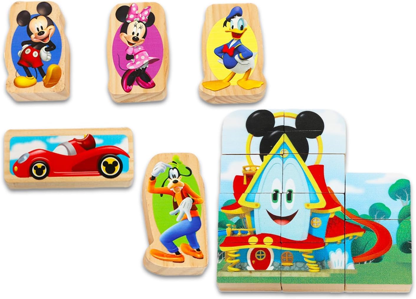 Micky Maus Clubhouse Holzblock-Puzzle-Aktivitätsset – Disney Holz-Puzzle-Blöcke für Kinder, Jungen, Mädchen plus Geschichte und Aktivitätsbuch | Micky-Maus-Funhouse-Puzzle für Kinder