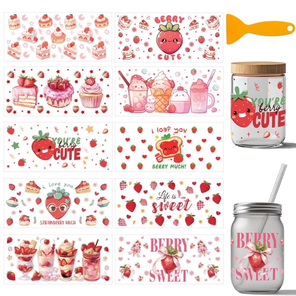 arricraft 10 Sheets Dessert Theme UV DTF Cup Wrap for 16OZ Glass, Strawberry Glass Coffee Cups Pink Strawberry Ice Cream Rub on Decals PVC Transfer Stickers for DIY Cups Wood Funiture