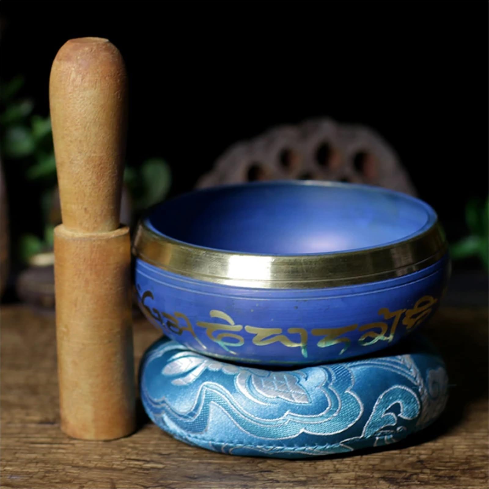 Cuenco tibetano Color azul cojín de seda mazo doble superficie