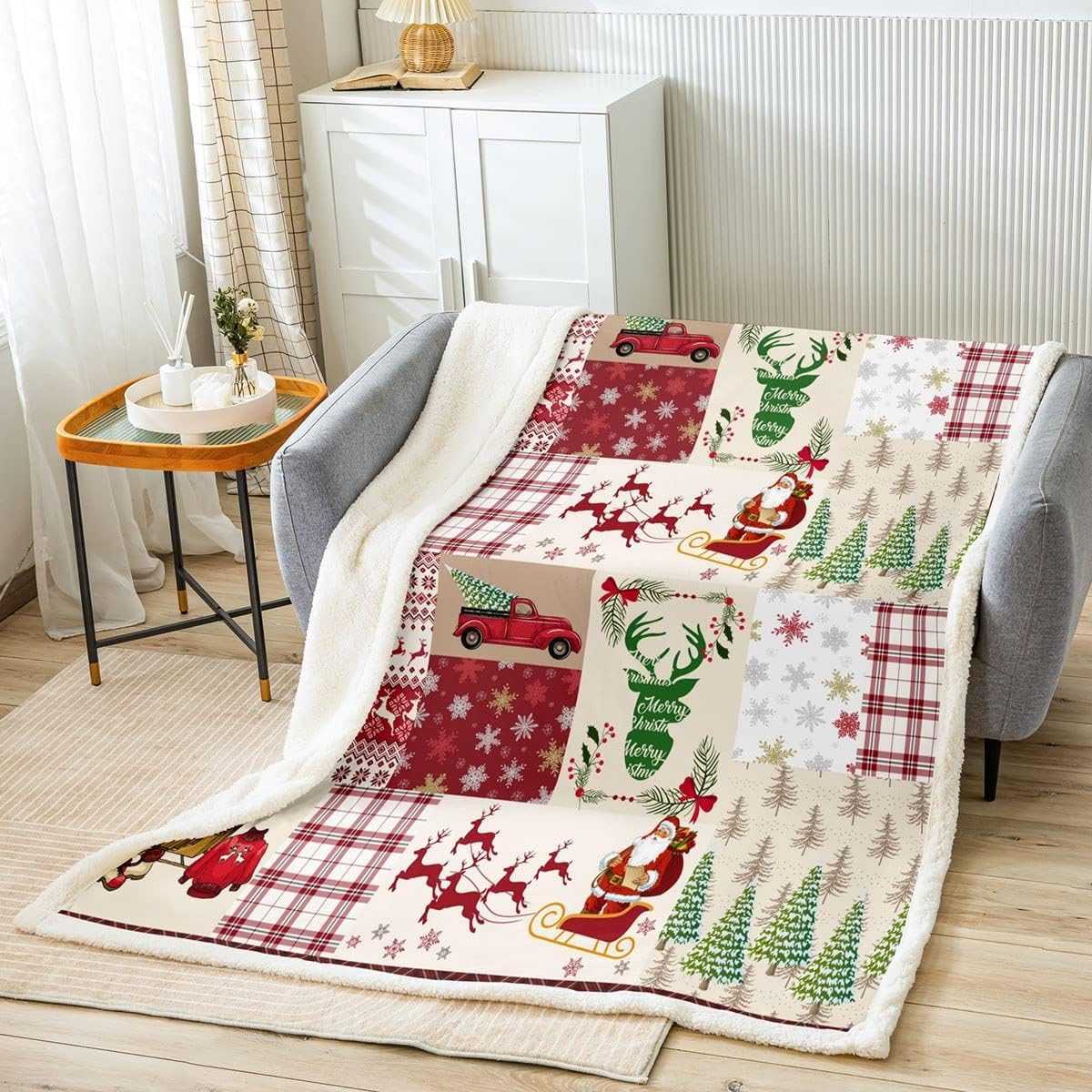 Homewish Weihnachtsdecke 150x200, Weihnachtsbaum Weihnachtsmann Hirsch Fleece Rot Büffelkaro, Winter Urlaub Sherpa Schneeflocke Dekor, Rot Grün