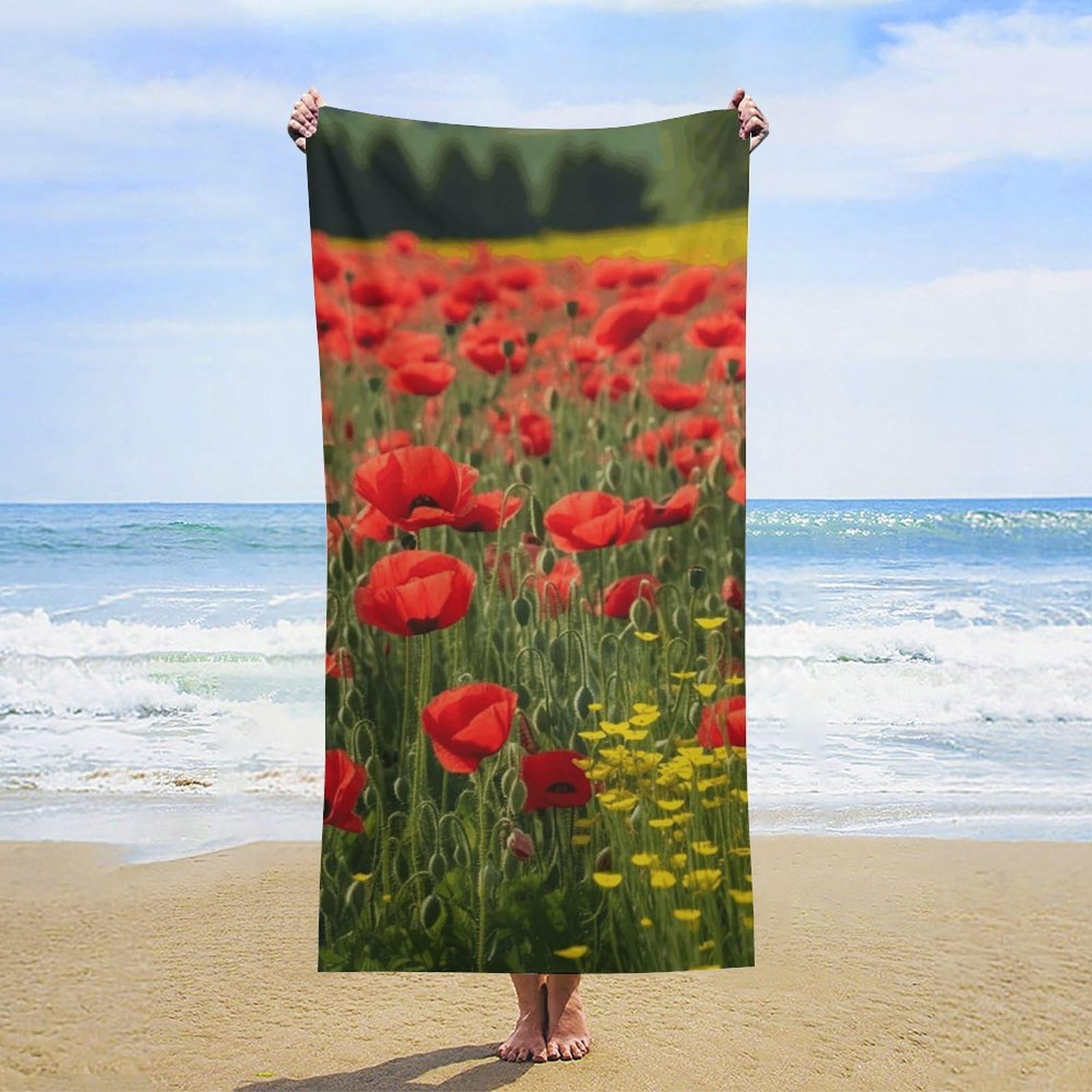 NTVOWPZO Red Poppy Field Farm Meadow Landscape Beach Towel Oversized Microfiber Bath Towels Lightweight Sand Proof Beach Towels Absorbent Pool Towels for Swimming Yoga Bathroom Towel 31.5" X 63"