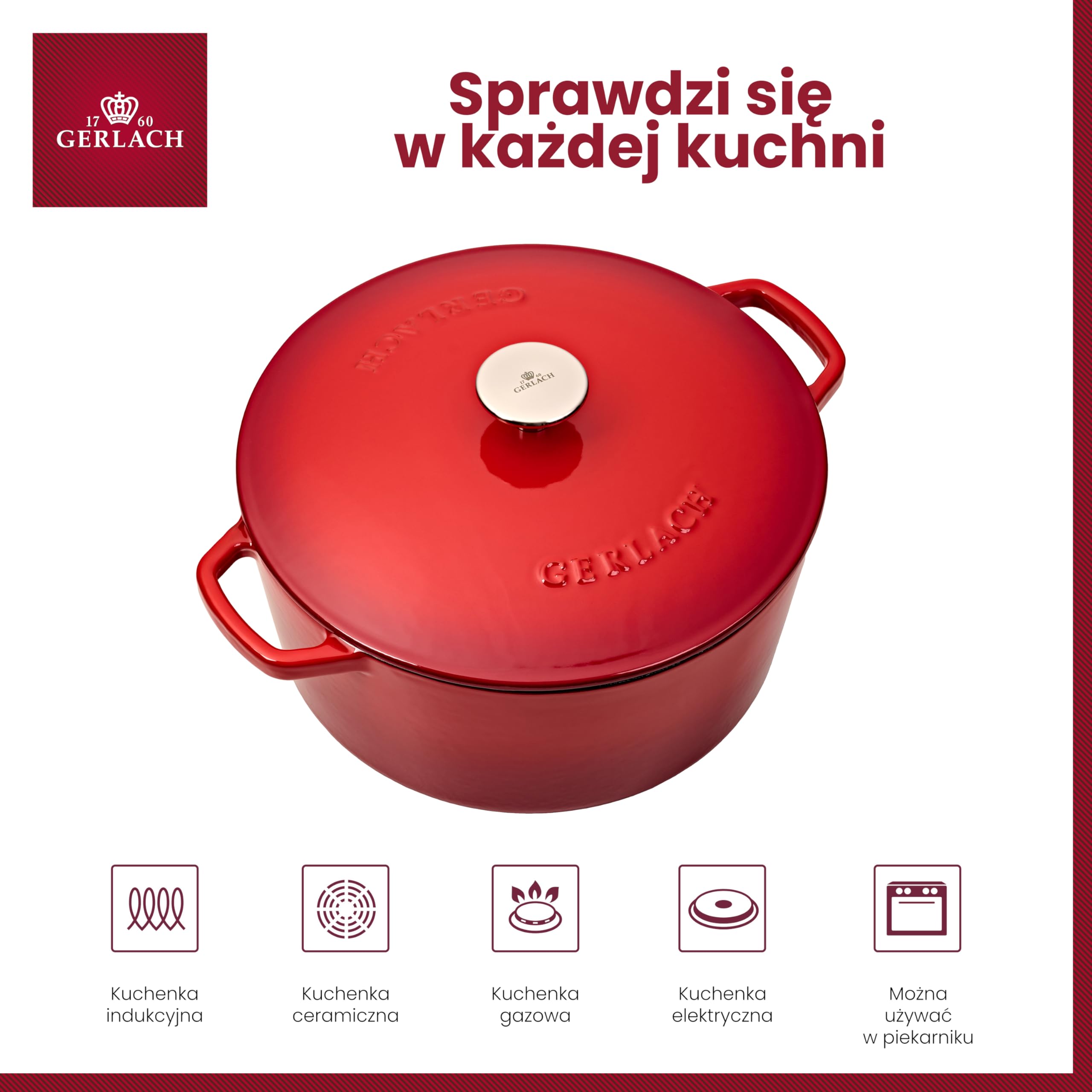 Gerlach 1760 Żeliwny Garnek Do Pieczenia Garnek Do Gotowania Smażenia Emaliowany Z Pokrywką 5 l Czerwony Natur Iron