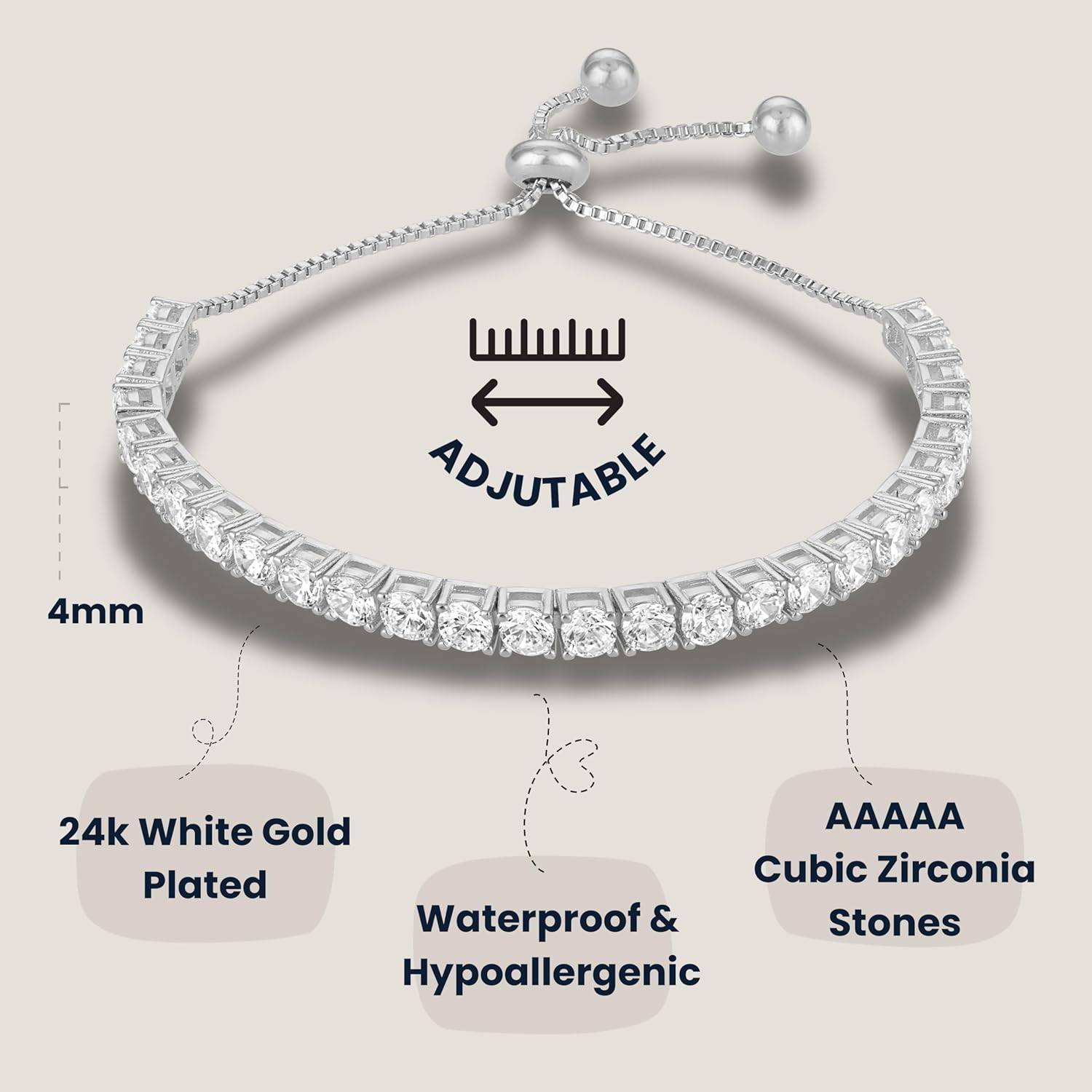 KISPER Adjustable Tennis Bracelet for Women - 18K White Gold or Gold Plated Round Cut AAAAA CZ, 2mm/3mm/4mm Dainty Cubic Zirconia Bracelet, Elegant Gift - Image 4