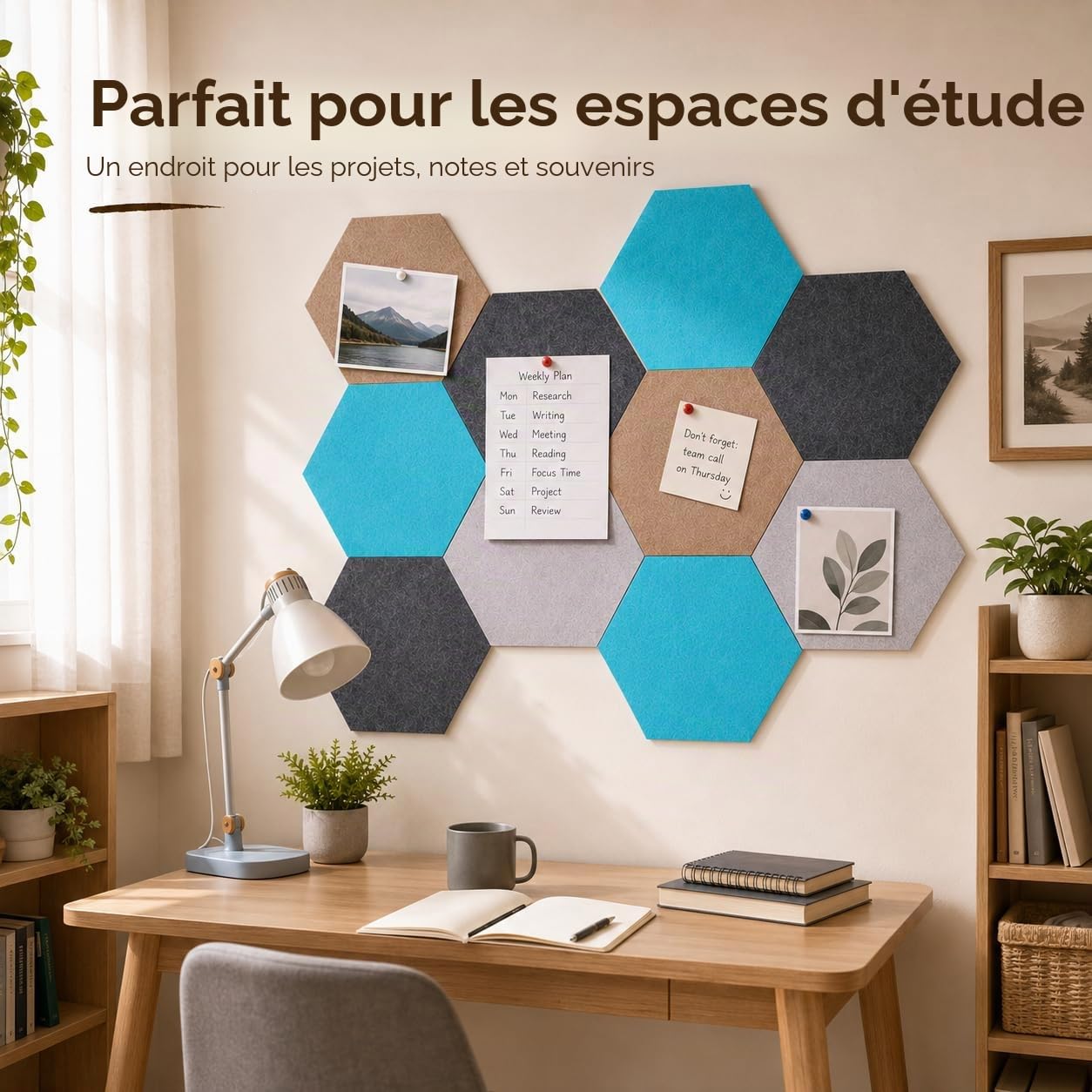 10PCS Panneau Liège Mural Hexagonal, Tableau en Liège avec 20 Épingles, DIY Plaque de Liège Colorée pour Maison Bureau (20x17cm)