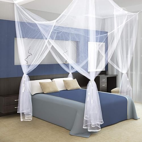 Miniatura 4 de Cortinas de cama con dosel de 4 postes de esquina, mosquitera grande, decoración de princesa, cortinas con 4 colgantes de borla para cama