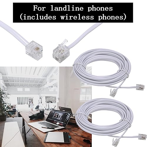 Vista 14 de Cable de extensión de teléfono de 15 pies con enchufes RJ11 6P4C estándar para teléfono fijo (negro, paquete de 2) Negro
