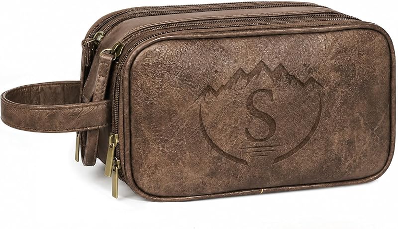 Necessaire masculina de viagem MaqSacion em couro sintético, marrom-claro, com zíper – 1 unidade