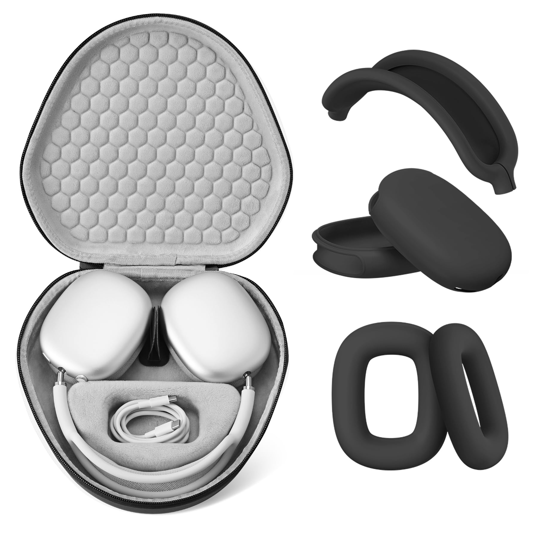 Maxjoy for Airpods Max Case, Smart Case Supports Sleep Mode, with AirPods Max Silicone Earpad Cover/Ear Cups/Headband Cover Accessories, Portable Travel Carrying Storage Bag, Black B Set