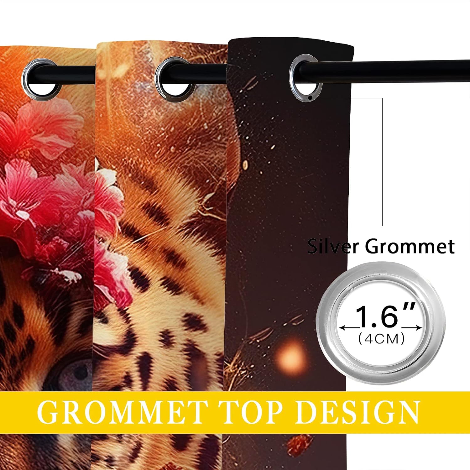 Leopard Blackout Curtains for Girls Boy Home Decor, 3D Cheetah African Animal Flower Flame Ice Grommet Thermal Insulated Drapes Darkening Window Curtain for Bedroom Living Room, 42 x 45 Inch