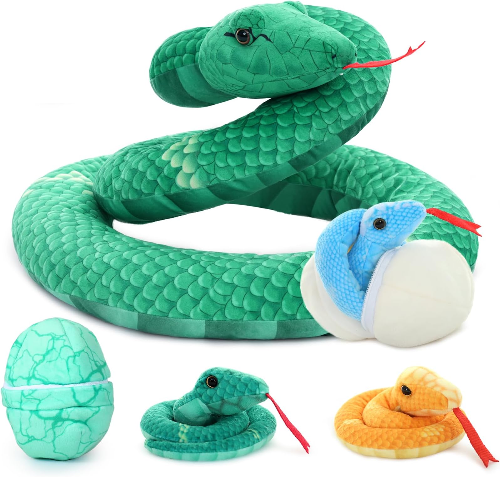 Giant 6 Piece Snake Stuffed Animal, 55 inch Mommy Snake with 3 Baby&2 Egg, Green Large Jungle Plush Toy, Realistic Serpent Plush Toy Gift for Kids Girls Boys