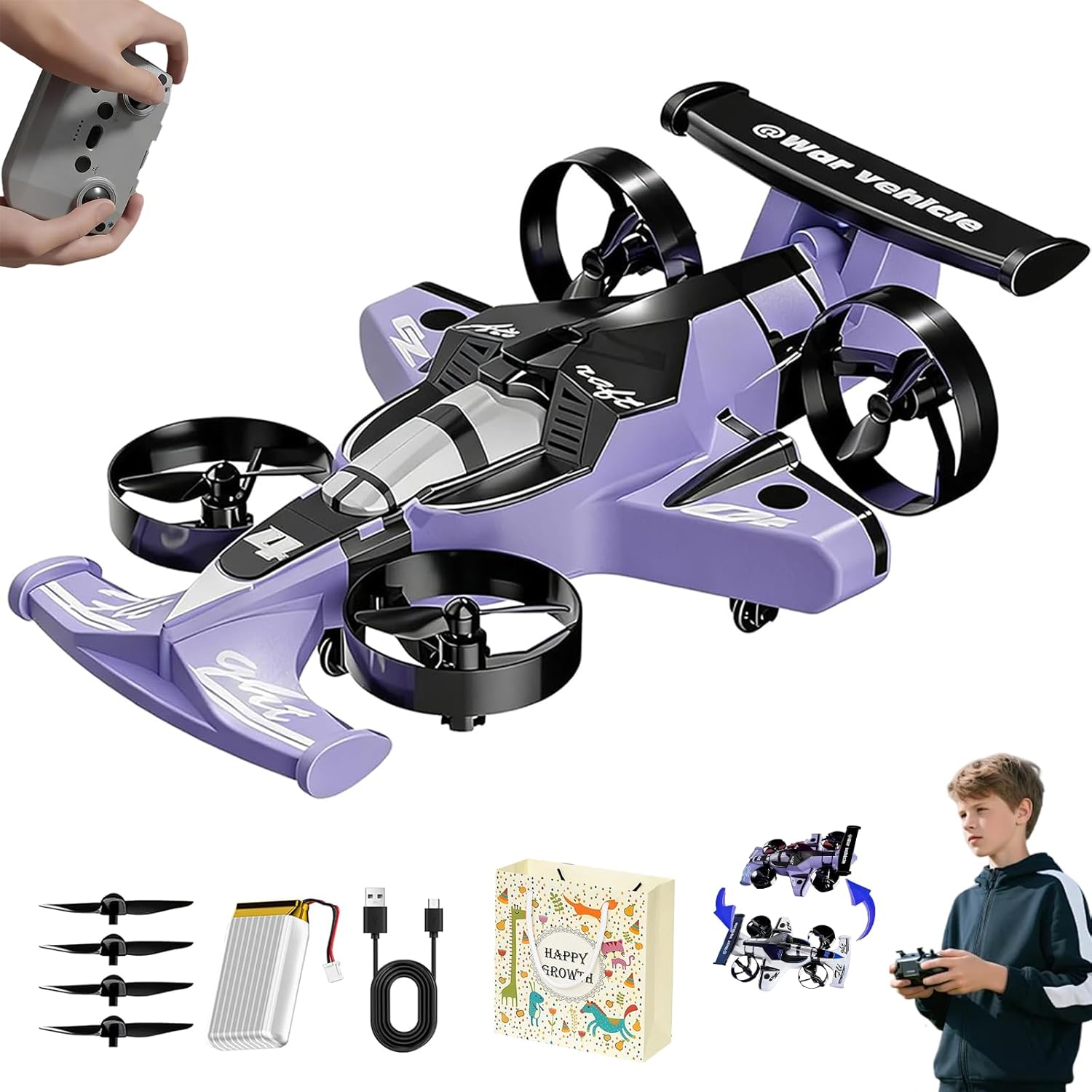Rechargeable Dual-Mode Car Drone — Drive • Fly • Conquer Every Terrain, 2-in-1 Flying RC Car Drone, CarDrone Hybrid Dual-Mode Vehicle, USB Rechargeable & Remote Control (Purple, Single color)