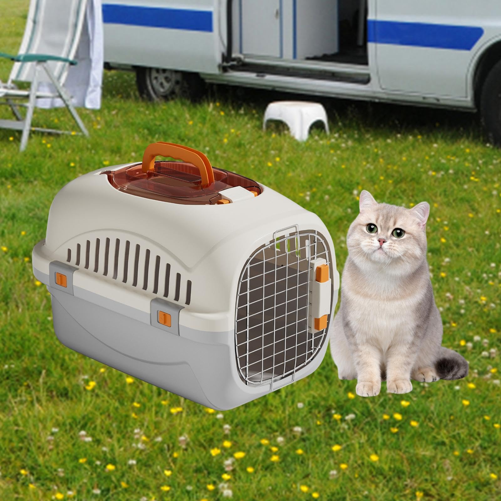 Transportín para Gatos, Caseta Rígida para Perros Y Gatos, Transportín de Viaje Transpirable para Mascotas, Puerta de Alambre para Gatos, Perros Peque, Gris