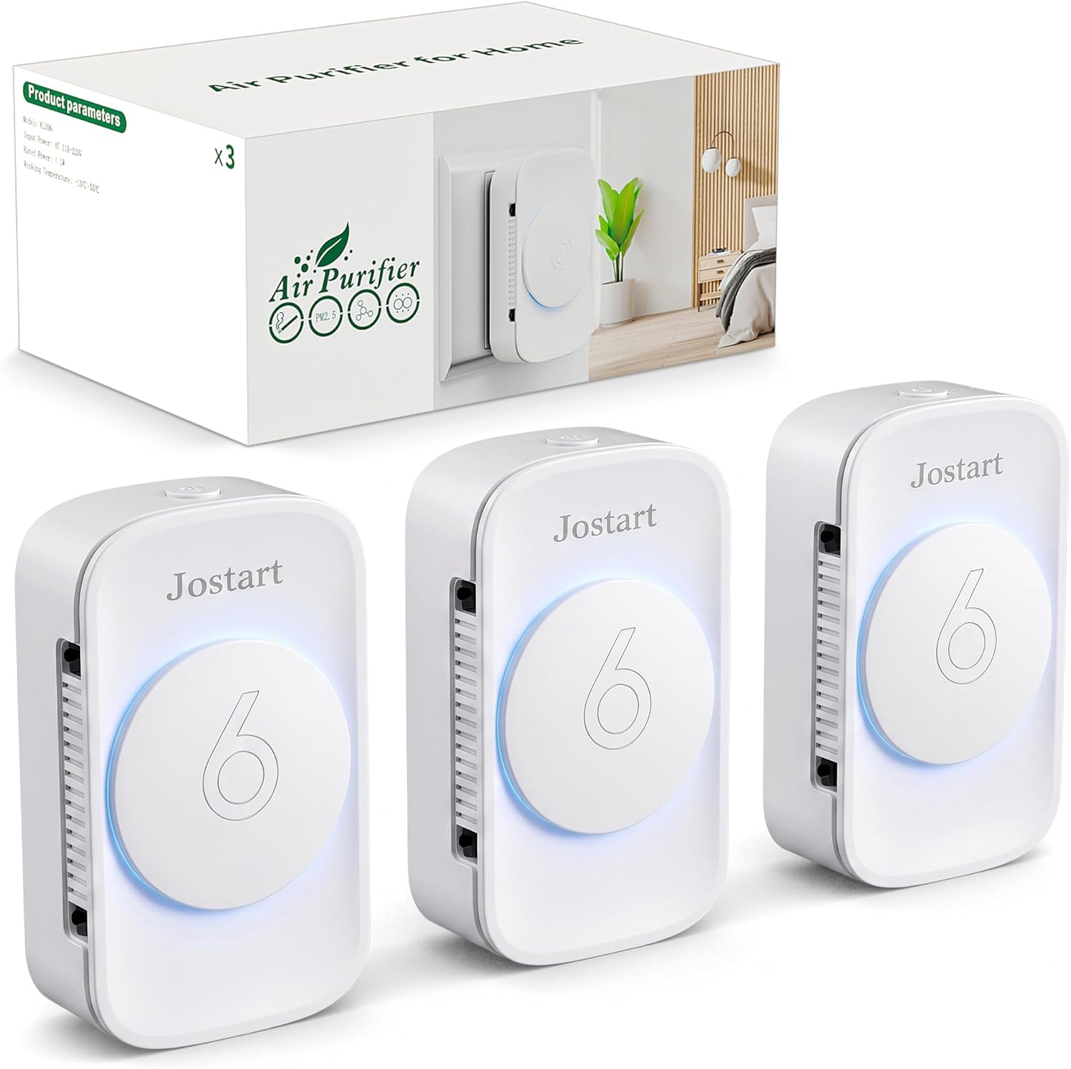 JOSTART Air Ionizer for Home, 6 Negative Ion Emitters (3X Purification), Plug-in Air Purifier for Small Spaces/Cat Litter Room, Kitchen, Smoke Dust, Ozone Free Ultra Quiet Air Freshener (3 Pack)