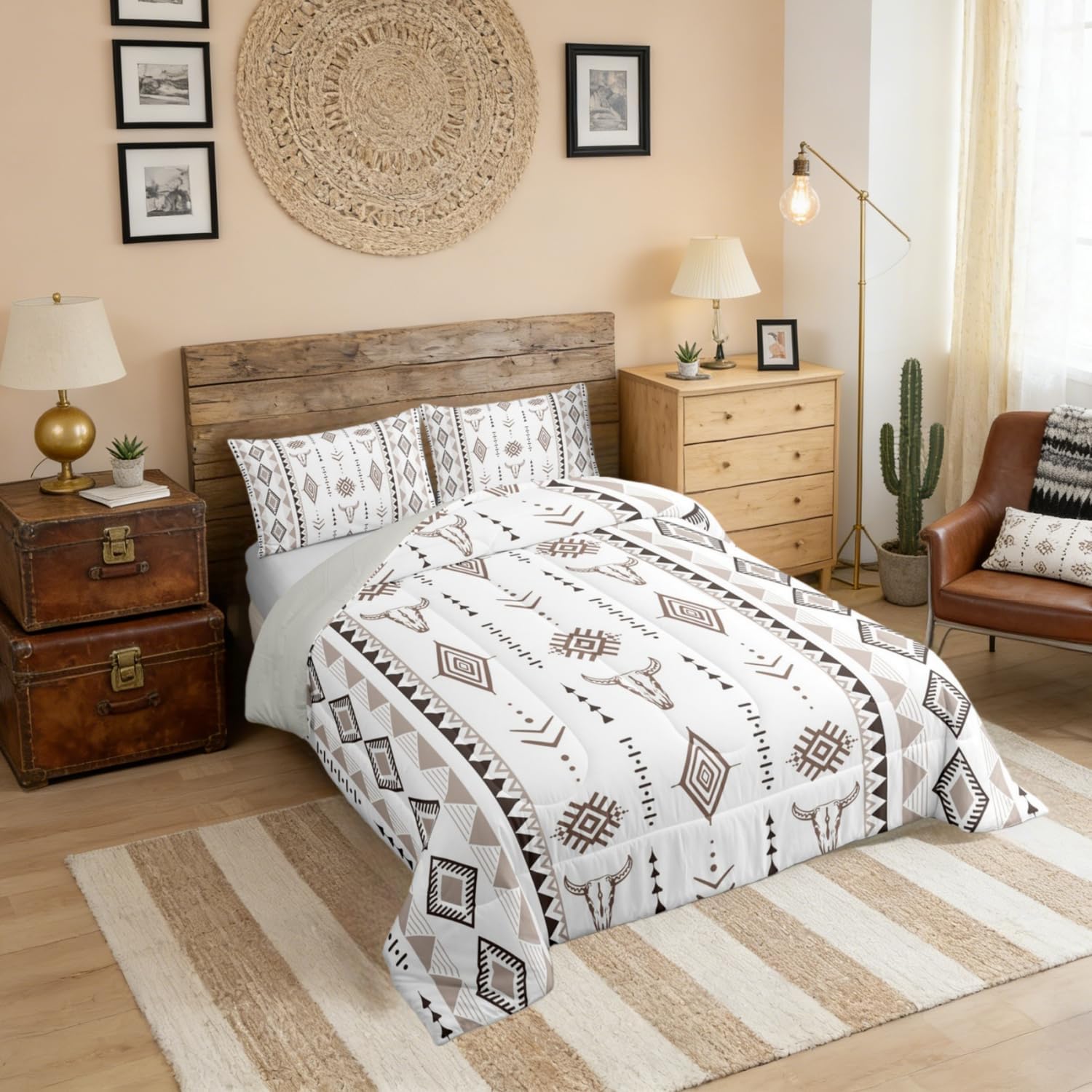 Erosebridal Bohemian Aztec Comforter Set Full Size, Western Bull Skull Bedding Set for Boys Men Adult Bedroom, Geometric Farmhouse Down Comforter, Southwestern Native Duvet Insert