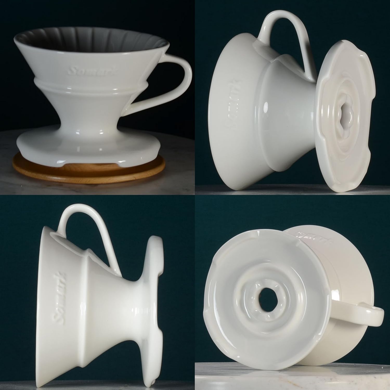 Fine Ceramic Pour Over Coffee Maker (Dripper) V60#2 Cone Filter 1-4 Cups Coffee with a Water Dripping Tray