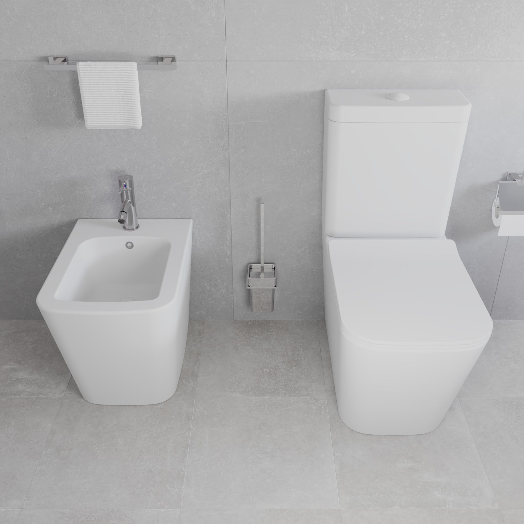 Coppia di sanitari filomuro vaso monoblocco rimless e bidet bianco opaco | Londra