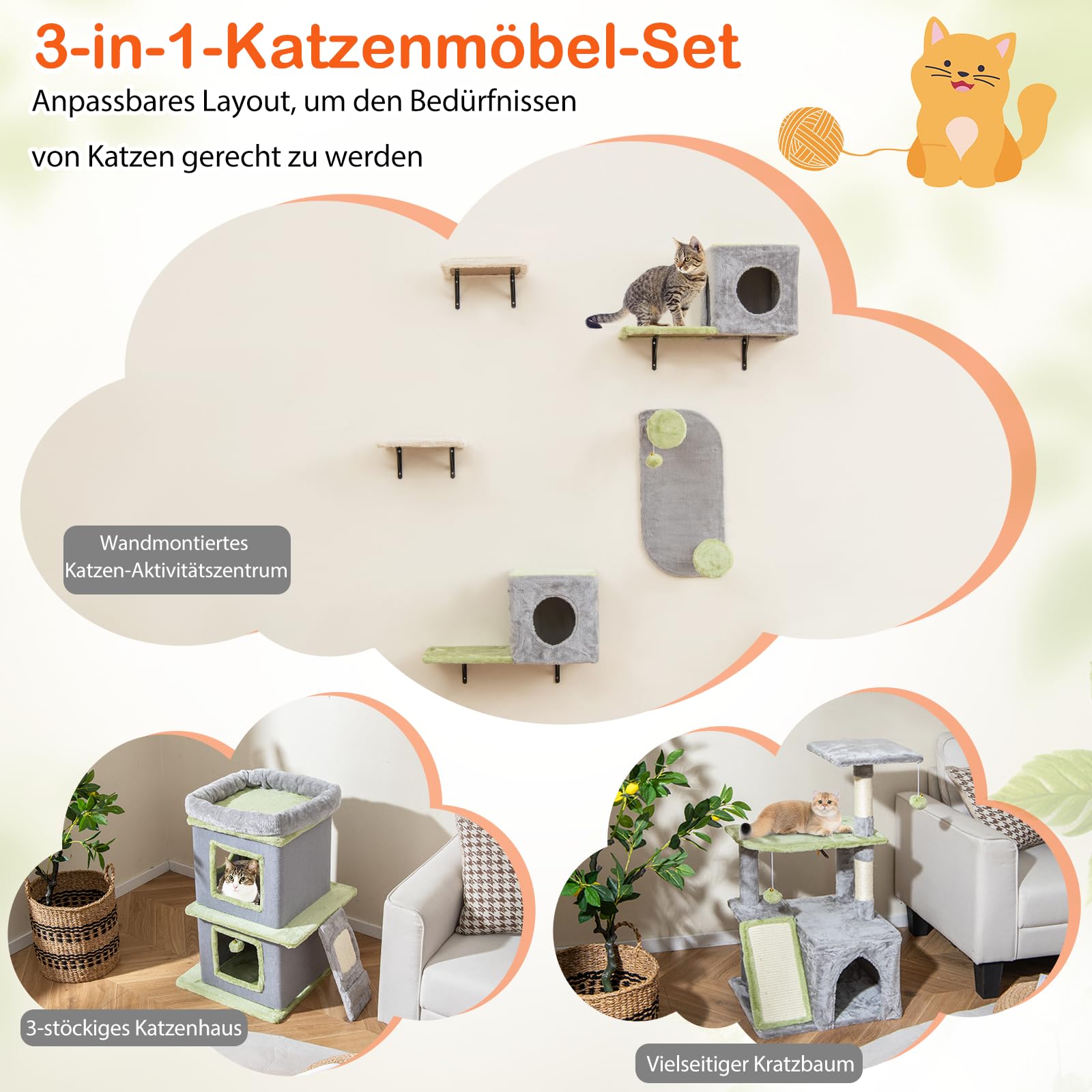 COSTWAY Kratztonne Katzentonne, 3 stöckiger Kratzbaum, Katzenhaus mit großer Liege, Kratzbrett, 2 Katzenhöhlen & Ball, Spieltonne mit Abnehmbarer Hülle, Katzenbaum Katzenkratzbaum Kletterbaum, Grau