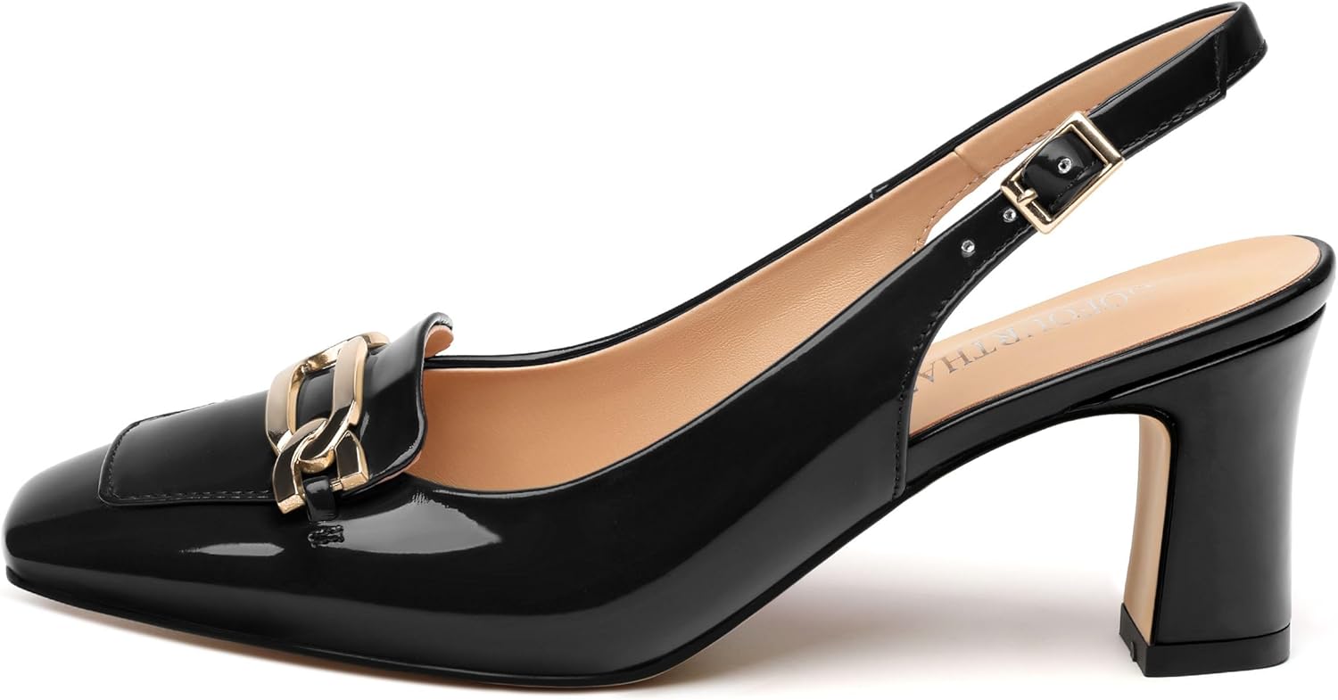 Women's Pumps Slingback Chunky Block Heels Square Closed Toe Strappy Patent Pumps Comfortable Casual Party Dress Shoes 2.5 Inch - Image 3