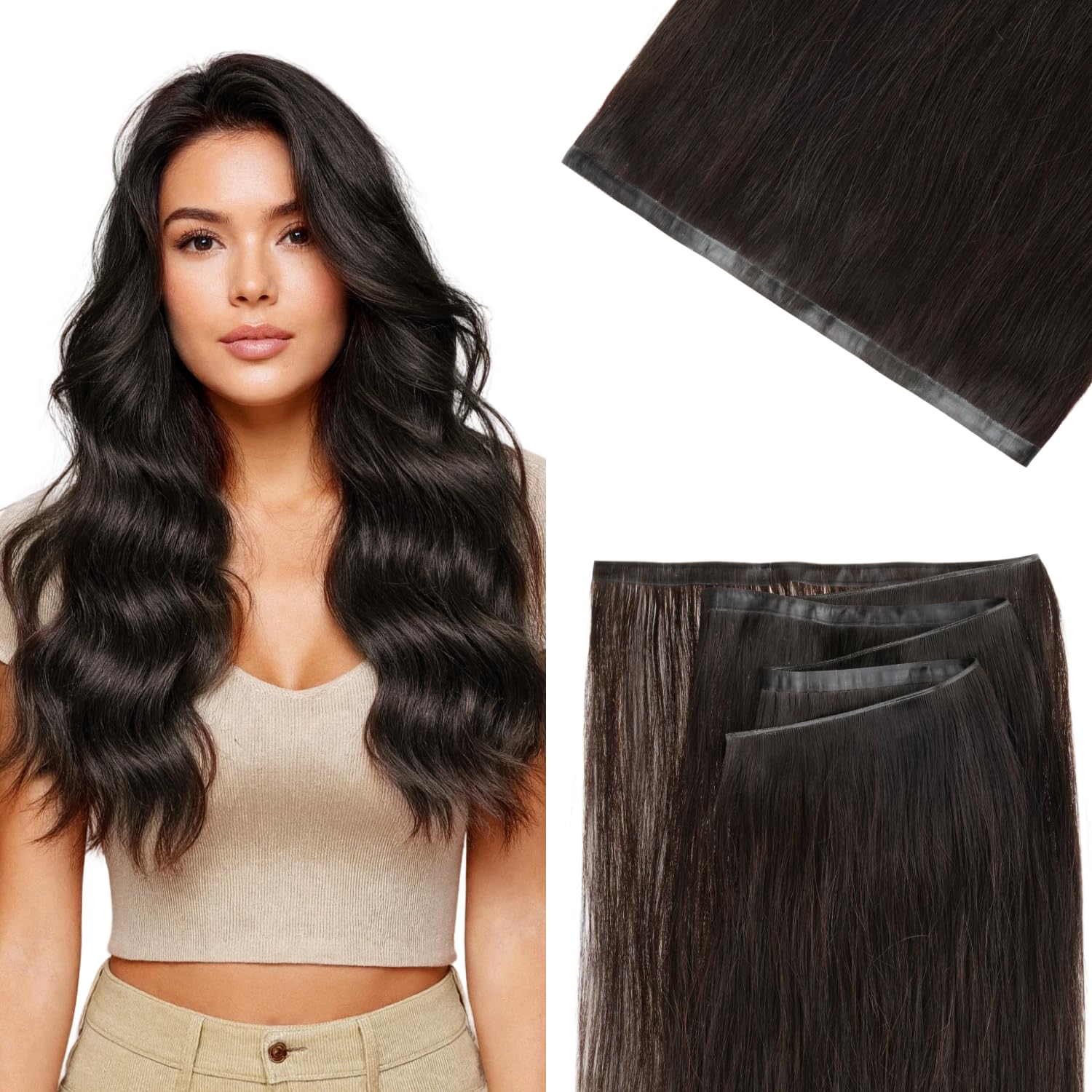 GOO GOO Tape Hair Extensions, Weft Hair Extensions Real Human Hair, 16inch 50g,2 Dark Brown, #2-PU WEFT, 16inch-50g