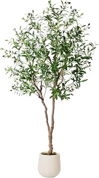 6FT Faux Olive Tree with Decorative Planter, Olive Trees Artificial Indoor with Textured Trunk, Silk Leaves and Olive Fruits, Fake Plants for Living Room, Entryway and Office Decor