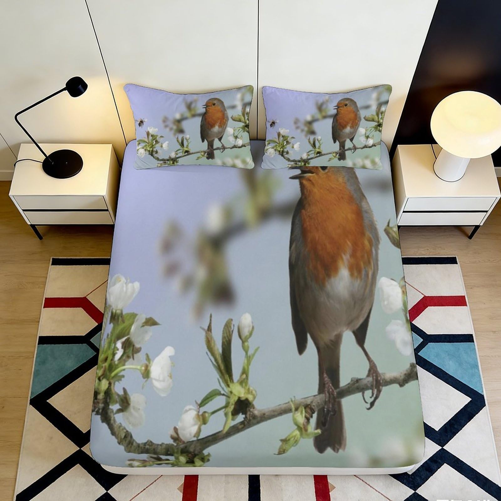 3D Printed Robin Bird Fitted Sheet Microfiber Soft Durable Bird Branch Bed Cover for Bedroom Dormitory Guest Room Mattress Protection Decoration 180x200x25cm