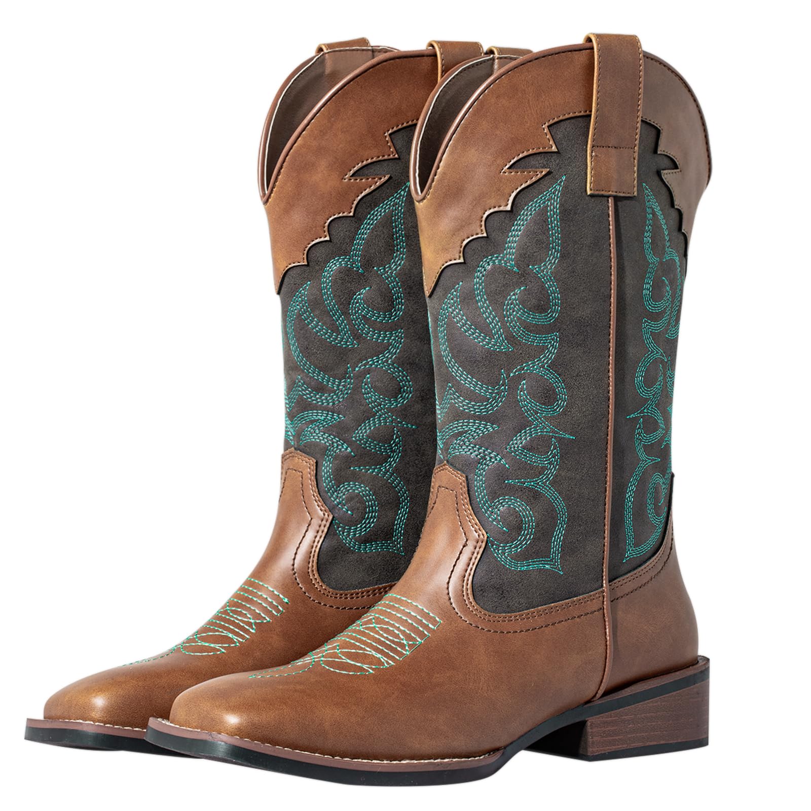 SheSole Women's Cowboy Boots Square Toe Mid Wide Calf Cowgirl Boots Chunky Heel Fashion Western Boots