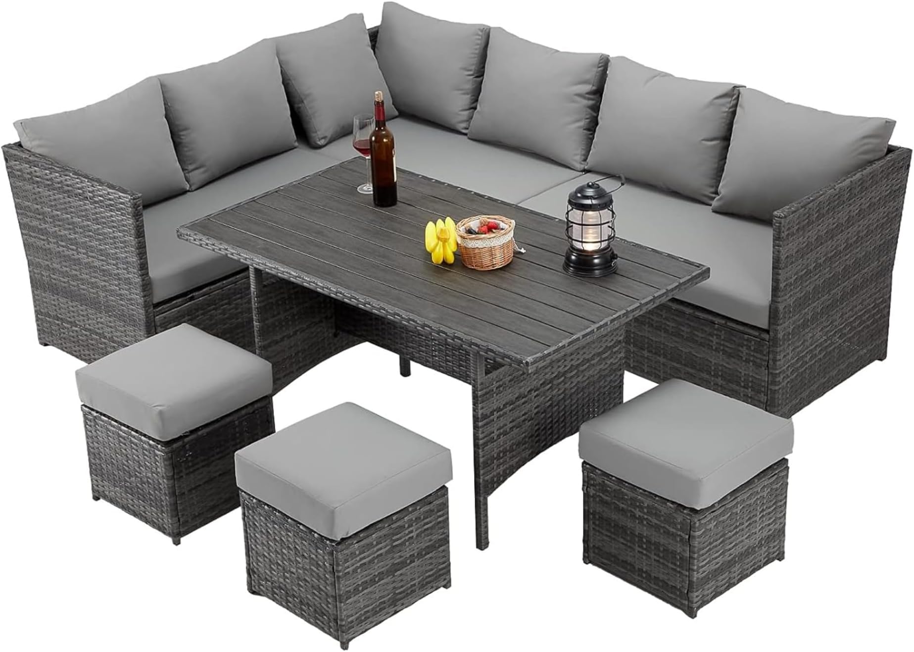 Wooden TwistPortico Modular Design Weather Resistant Wicker Conversation Rattan & Steel 7 Pieces Outdoor Furniture Set Corner Sectional Sofa, 3 Ottomans with 1 Table and 7 Seven Cushions