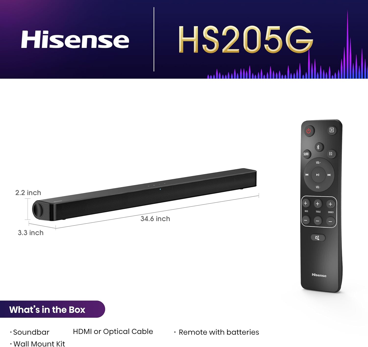 Diagram showing the Hisense HS205G sound bar, remote, and dimensions.
