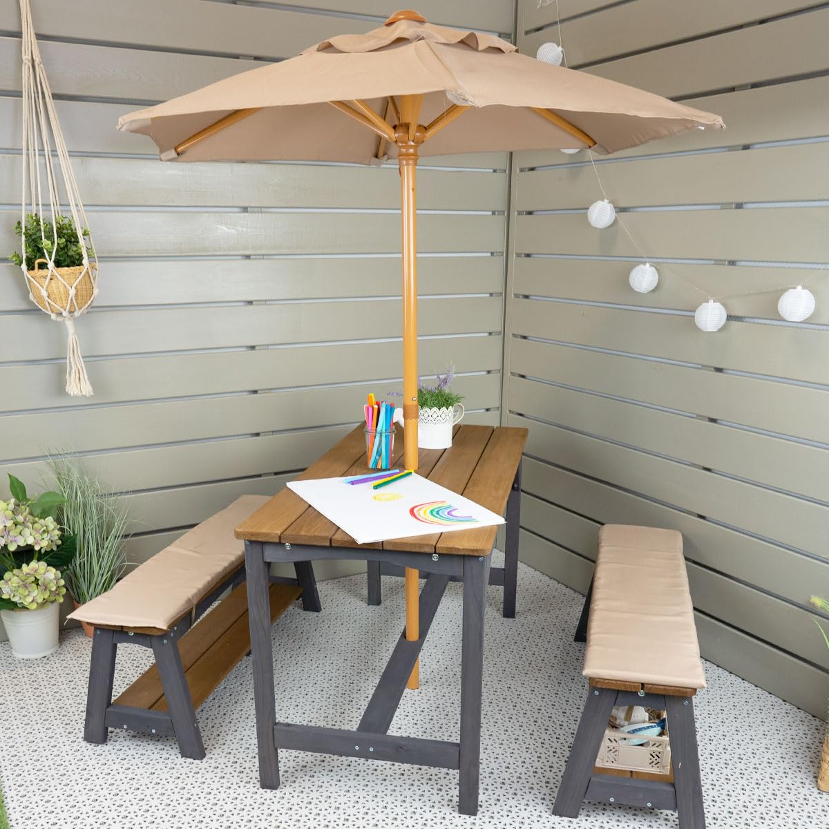 Meppi Salon de jardin Amrum avec parasol marron/anthranzite en bois - Salon pour enfants