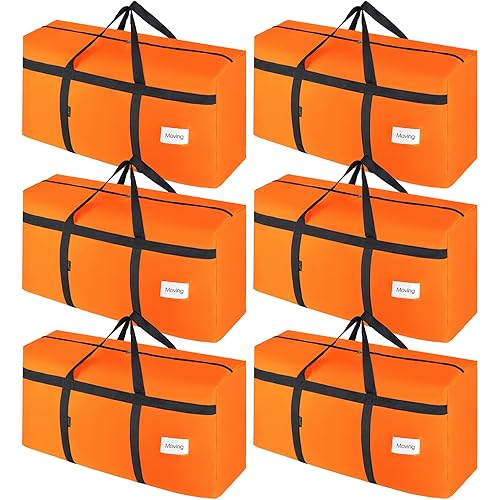 CIVJET 6 Pack Extra Large 90L Heavy Duty Moving Bags with Zippers and Handles - College Packing Bags for Clothes, Storage, Camping Essentials (Orange)