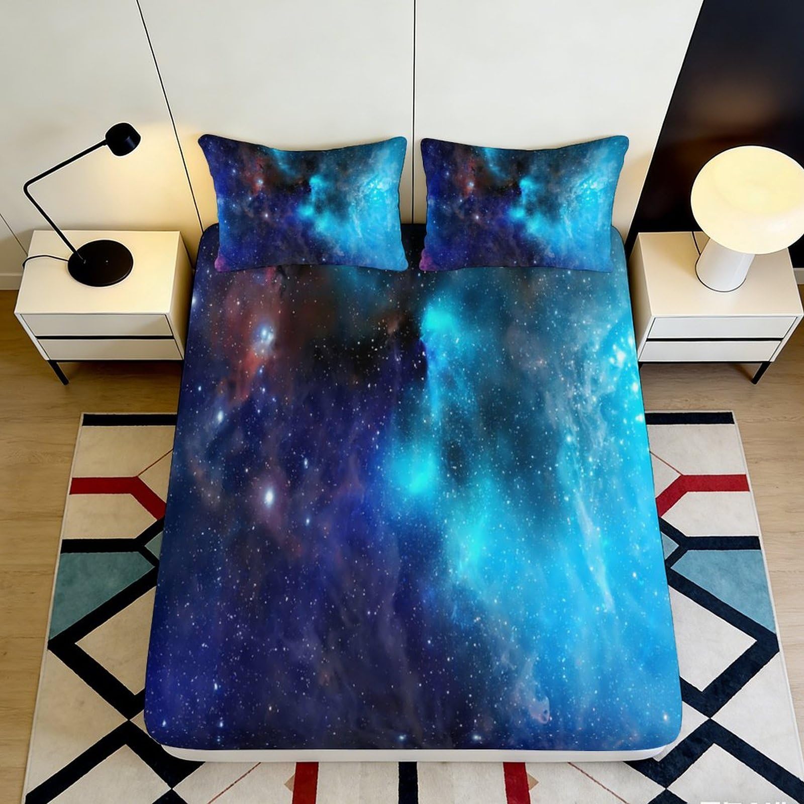 3D Printed Galaxy Pattern Fitted Sheet Microfiber Deep Pocket Bedroom Bedding Set Nebula Mattress Fitted Cover Non-Slip Full Wrap for Adults Teens 120x200x25cm