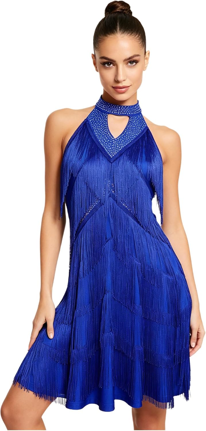 Women Latin Tango Dance Dress Sleeveless Backless Halter Rhinestones Samba Ballroom Dancewear
