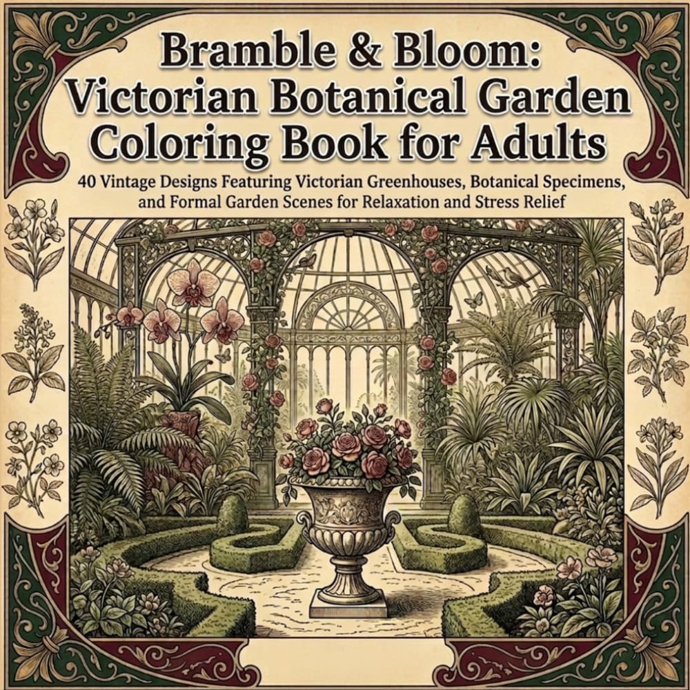 Bramble & Bloom: Victorian Botanical Garden Coloring Book for Adults: 40 Vintage Designs Featuring Victorian Greenhouses, Botanical Specimens, and Formal Garden Scenes for Relaxation and Stress Relief