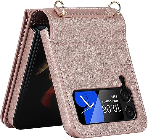 Miniatura 7 de Funda para Samsung Galaxy Z Flip 4, monederos para teléfono con bandolera y correa de pulsera, funda de piel sintética con bloqueo RFID (oro rosa)