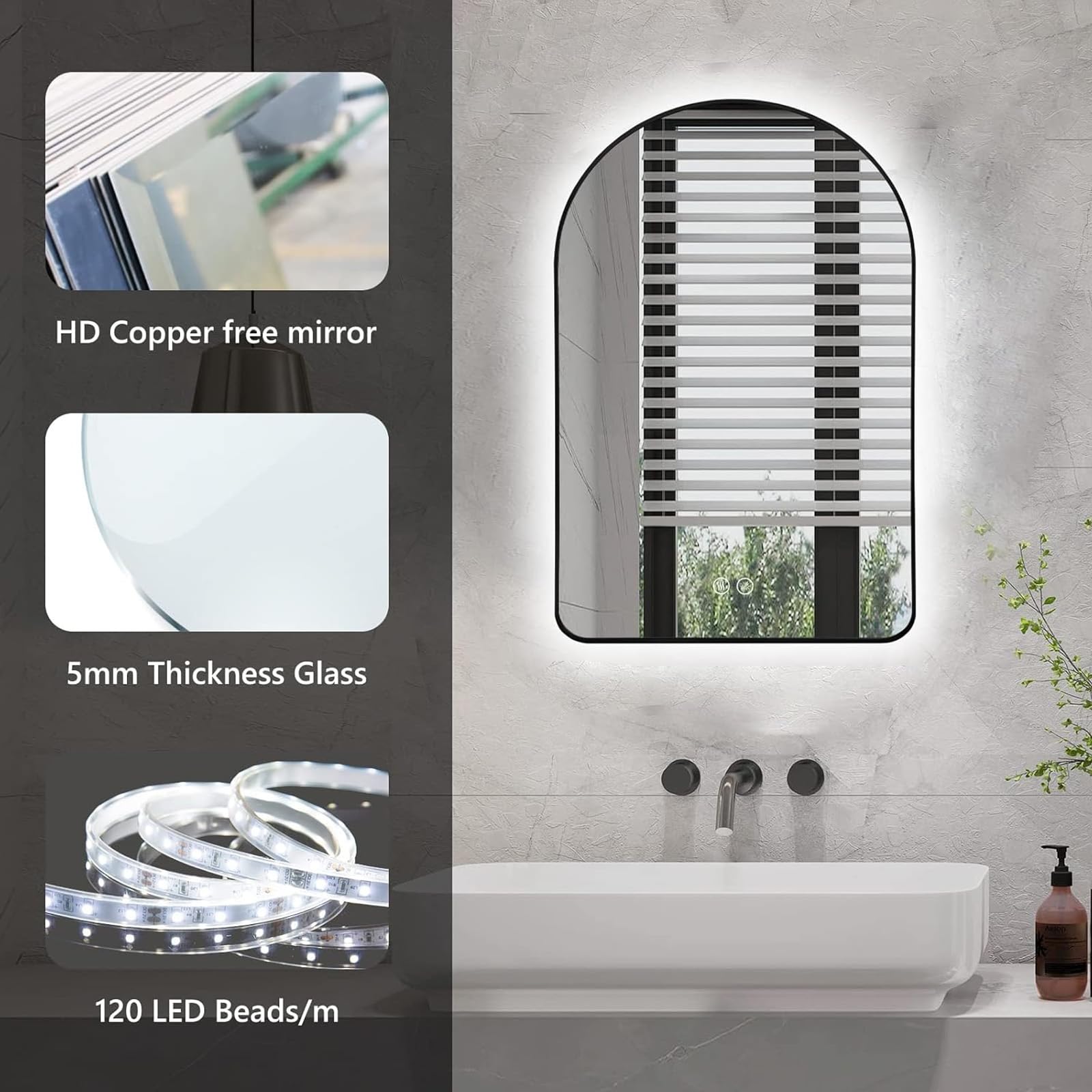 Ovaler LED-Badezimmerspiegel – Wandmontage, gewölbtes Design, intelligente Demister-Funktion, 3 Farb-Beleuchtung, bruchsicher, klein, schwarz, moderne Badezimmer-Dekoration