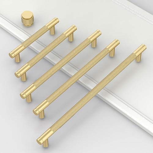 Miniatura 4 de Paquete de 10 tiradores de gabinete de color oro cepillado de 10 pulgadas (10.000 in) moleteados para gabinetes de cocina, tiradores de cajón,