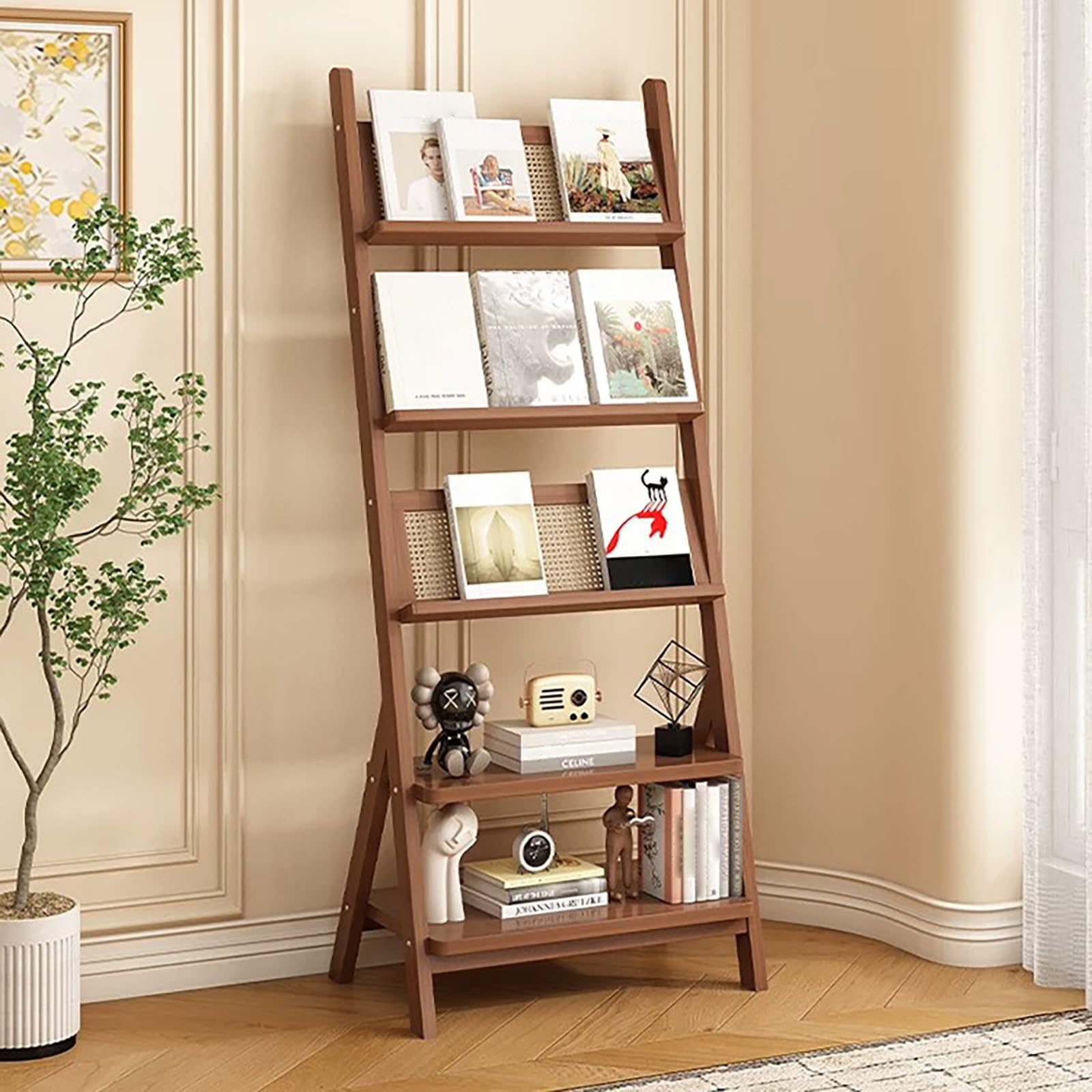 CJWKXQOL Wooden Ladder Magazine Rack, Freestanding Vertical Book & Brochure Display Shelf for Home Office Living Room Reception(Brown)