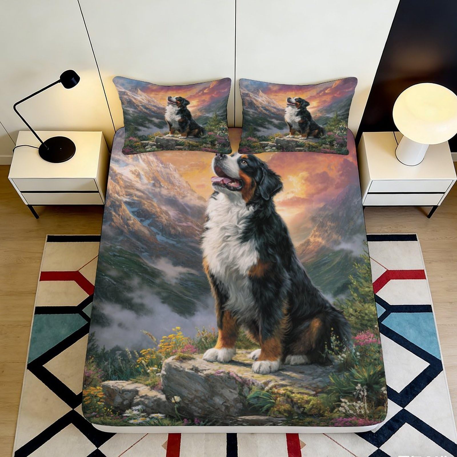 3D Printed Bernese Mountain Dog Fitted Sheet Microfiber Soft Breathable Scenic Mountain Bed Cover for Bedroom Dormitory Guest Room Mattress Protection 90x200x25cm