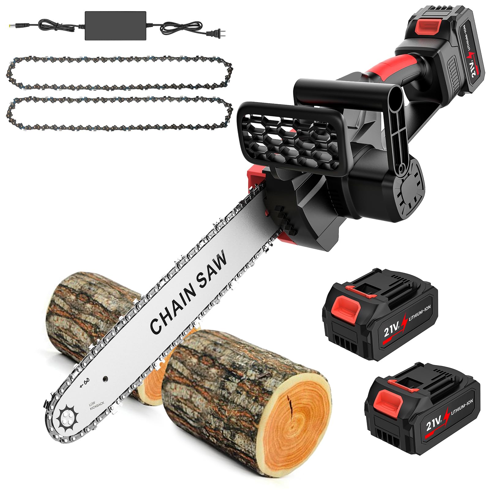 Motosierra de batería de 12 pulgadas, motosierra eléctrica inalámbrica con 2 x 1300 mAh baterías, lubricación automática, 2 cadenas, motosierra 800 W para madera y jardín