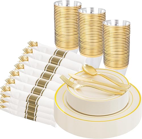 Miniatura 25 de WELLIFE 350 platos de plástico dorado transparente, 100 platos desechables, 150 cubiertos de plástico, 50 tazas, 50 servilletas para bodas y fiestas